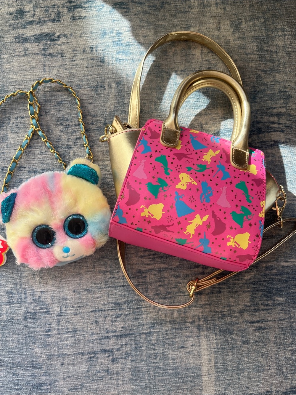 Kids Pink Gold Disney Princess Print Handbag with Gold Handles and Ty purse